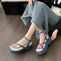 Blue Denim Platform Sandals Women Summer Clip Toe Wedge Heeled Sandals Woman Ankle Straps Thick Bottom Wedges Shoes Female