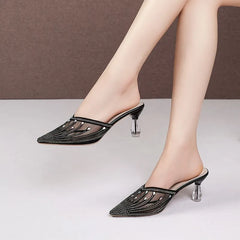 2024 Summer New Mesh Diamond Slippers for Women's Fashion Outwear Pointed Crystal Heel High Heel Slippers