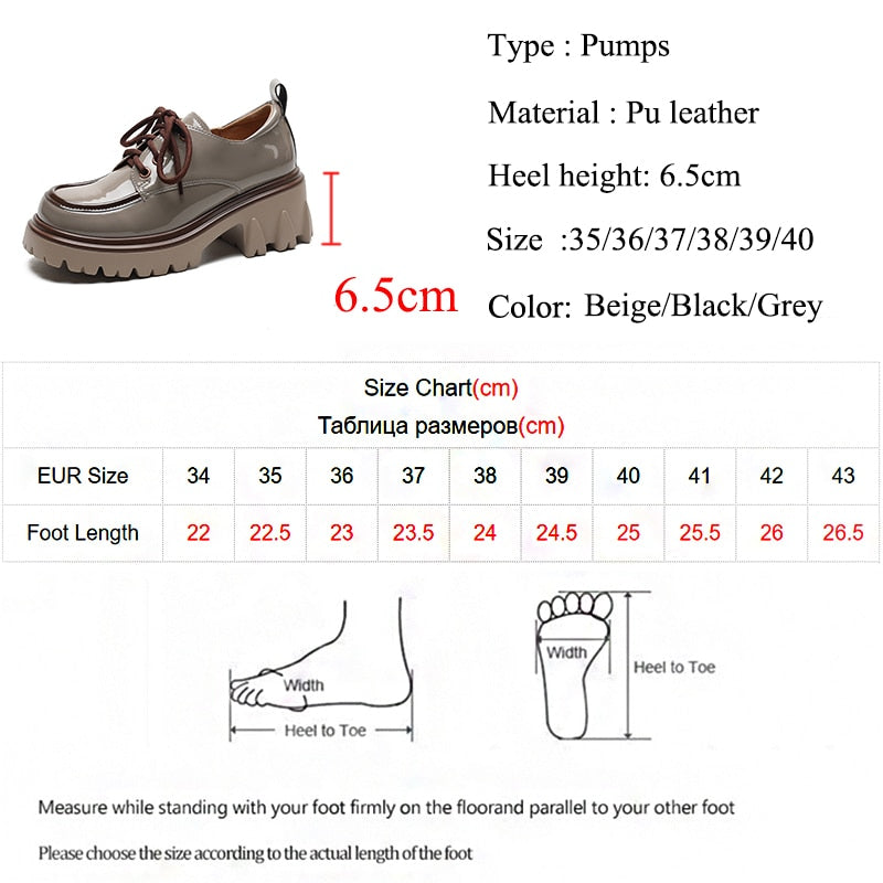British Style Chunky Platform Pumps Women Spring Lace Up Thick Heels Loafers Woman Round Toe Patent Leather Shoes