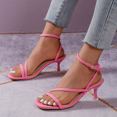 Ankle Straps High Heels Gladiator Sandals Women Summer Retro Square Toe Party Sandals Woman Solid Thin Heeled Roman Shoes