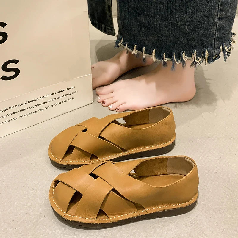 2024 Hot SummerNew Women's Outdoor Indoor Sandals Top Layer Cowhide Handmade Woven Women Casual Flat Bottomed Beach Woman Shoes