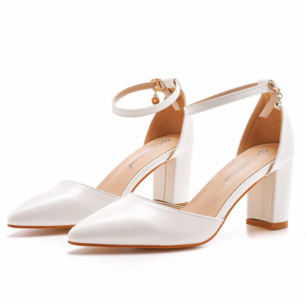 Crystal Queen Women 7CM Thick High Heels Sexy Pumps White Wedding Bride Shoes Pointed Toe Buckle Strap Sandals
