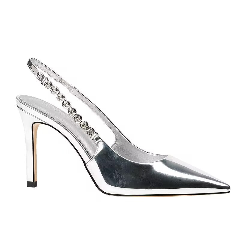 Brand Designer Silver Sandals Women Summer Crystal Straps High Heels Sandals for Woman Pointed Toe Slingbacks Party Shoes