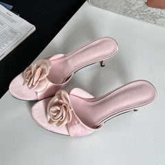 2024 Summer Fashion Flower Woman Slippers Thin Low Heels Party Stripper Ladies Mules Slides Zapatos Mujer