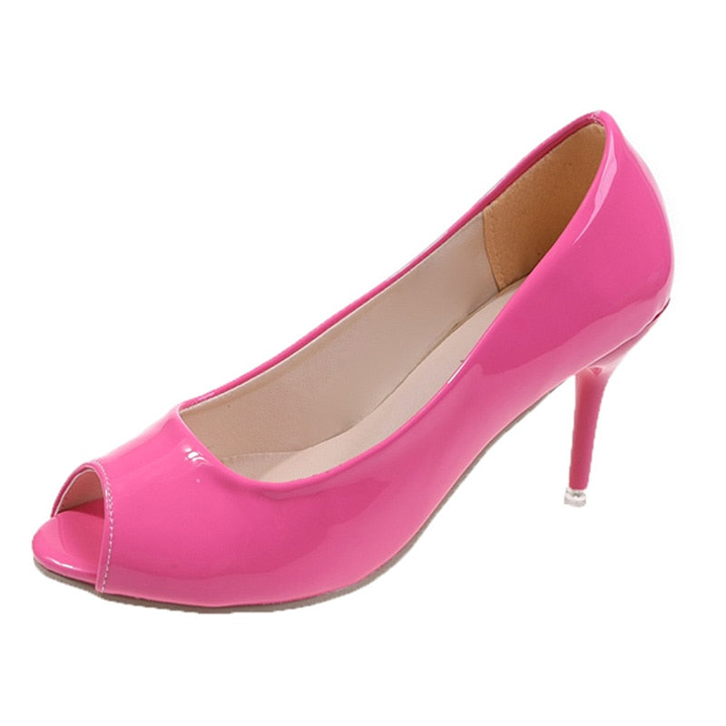 Candy Color Peep Toe Pumps for Women New Elegant Stiletto High Heels Party Shoes Woman Patent Leather Shoes Plus Size 35-43