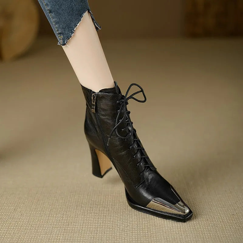 2024 Autumn Women Boots Square Toe High Heel Women Leather Shoes Women Suede Ankle Boots Winter Solid Elegant Modern Boots