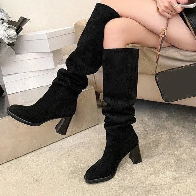 Faux Suede High Heels Long Boots Women Winter Fashion Pleated Cowboy Boots Woman Round Toe Slip-On Riding Botas De Mujer