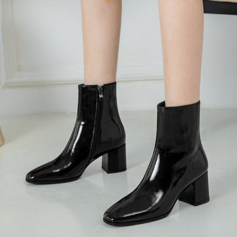 Autumn Women Fashion Square High Heels Zapatos De Mujer White Patent Leather Shoes Ankle Boots Black Woman Zipper