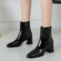 Autumn Women Fashion Square High Heels Zapatos De Mujer White Patent Leather Shoes Ankle Boots Black Woman Zipper