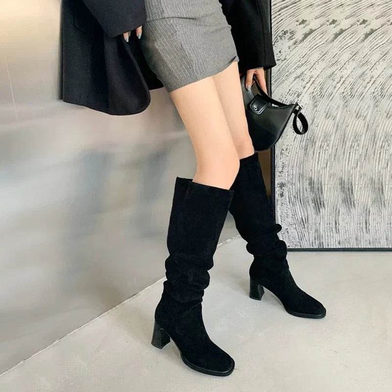 Faux Suede High Heels Long Boots Women Winter Fashion Pleated Cowboy Boots Woman Round Toe Slip-On Riding Botas De Mujer