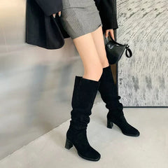 Faux Suede High Heels Long Boots Women Winter Fashion Pleated Cowboy Boots Woman Round Toe Slip-On Riding Botas De Mujer