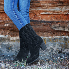 Western Embroidered Black Wide Calf Pointed Toe Cowgirl Boots