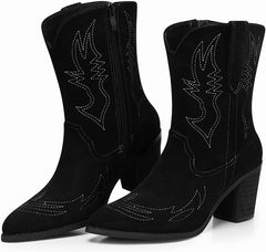 Western Embroidered Black Wide Calf Pointed Toe Cowgirl Boots