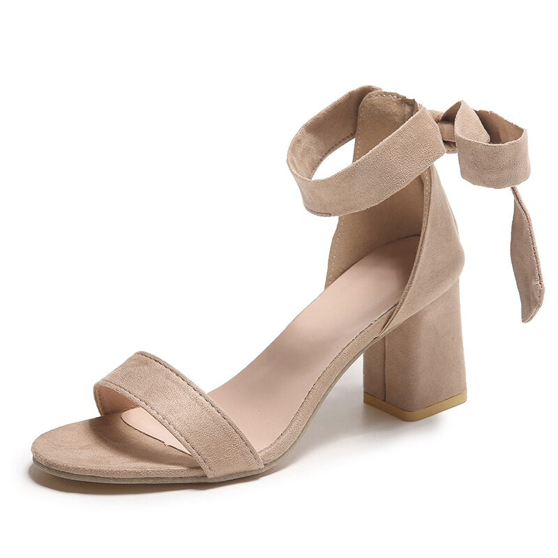 Ankle Straps High Heels Sandals Women Summer Pointed Toe Thick Heeled Sandals Woman Plus Size 43 Lace Up Black Party Shoes