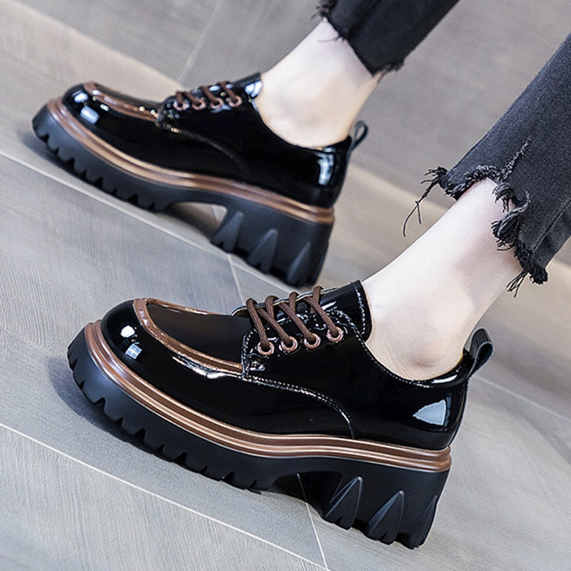 British Style Chunky Platform Pumps Women Spring Lace Up Thick Heels Loafers Woman Round Toe Patent Leather Shoes