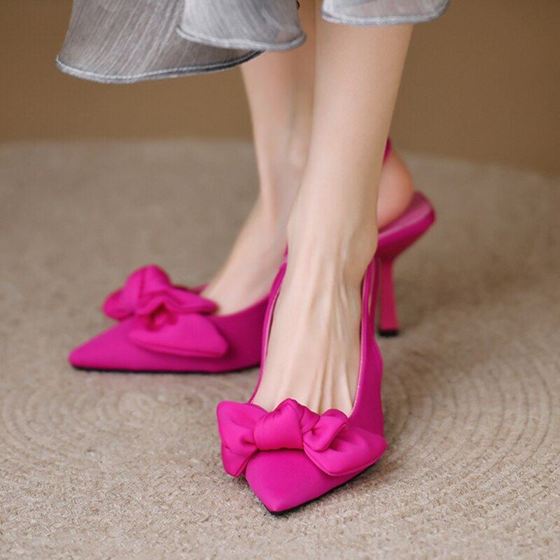 Bowtie Slingbacks High Heels Pumps Women Summer Elegant Pointed Toe Party Shoes Woman Solid Thin Heeled Mules Sandals Mujer