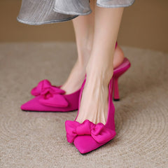 Bowtie Slingbacks High Heels Pumps Women Summer Elegant Pointed Toe Party Shoes Woman Solid Thin Heeled Mules Sandals Mujer
