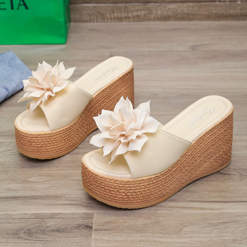 9cm Heels Summer Beach Platform Women Wedge Slippers Appliques Butterfly-knot Female Sandals Clog Shoes Slides Women