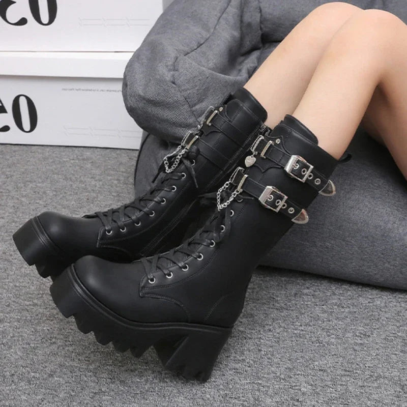 Fashion Leather Gothic Boots Women Luxury Brand Buckle Chain High Heels Long Boots Autumn Ladies Motorcycle Boots Botas Mujer