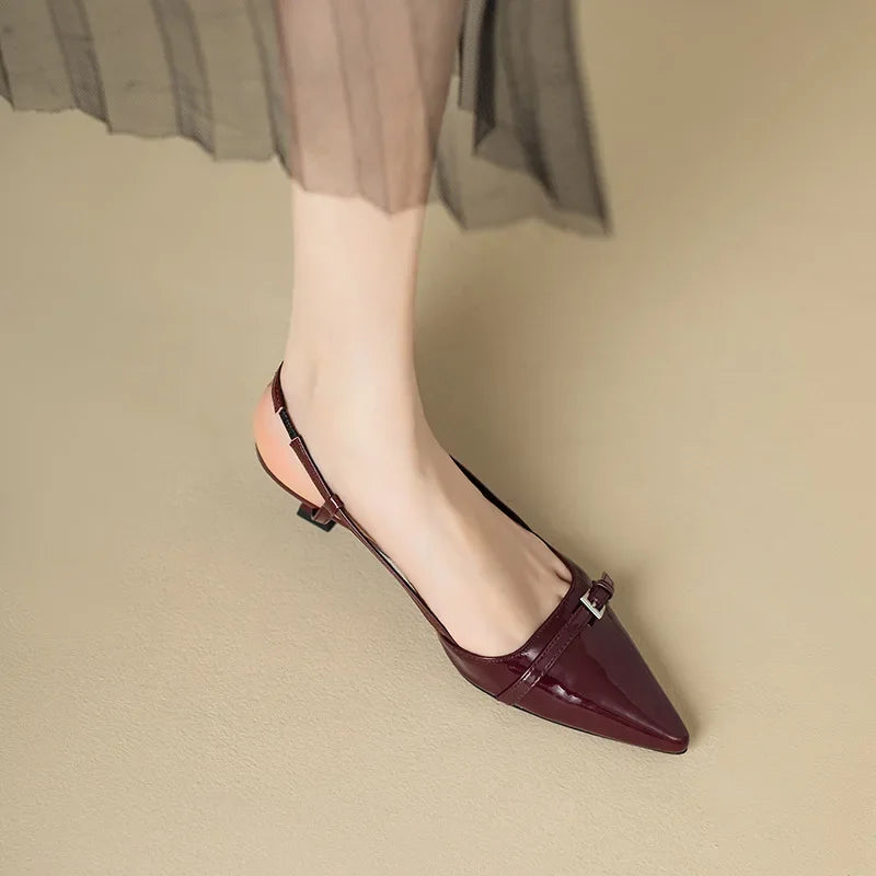 2024 New Summer French Wine Red Pointed Patent Leather Mid-heel Overhead Sandals for Women Retro Skinny Heel Back Empty Shoes