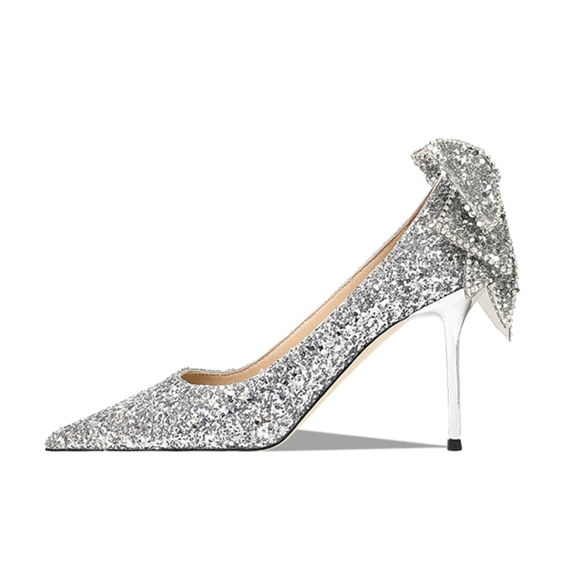 Bling Sequins Wedding Shoes for Women Bride Elegant Pointed Toe Thin Heels Pumps Woman Silver Crystal High Heels for Ladies