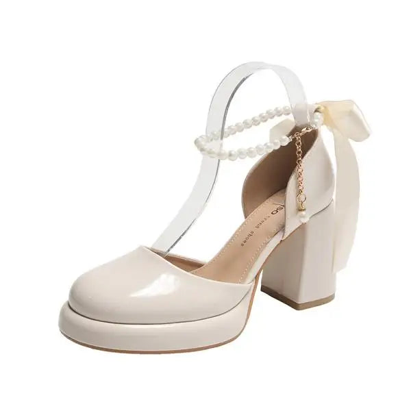 Beige Heeled Pump 2024 Women's Shoes Closed Toe Black High New Comfort Retro Block Pearl Clear Spring Girls Solid PU Pumps Co