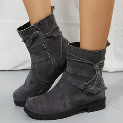 Retro Women's Cowboy Boots Autumn New Suede Low Heel Female Boots Luxury Belt Buckle Side Zip Design Mid-Calf Boots Size 43