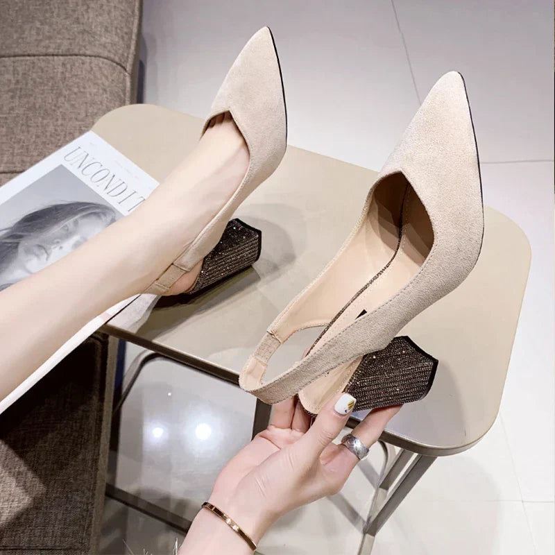 2024 Women's Chunky Slingback Mule Casual Pointy Pumps Retro Office High Heels Women's New Stretch Band Set Mary Jane Shoes