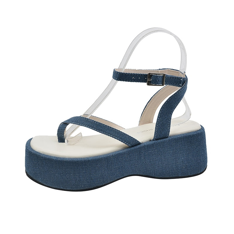 Blue Denim Platform Sandals Women Summer Clip Toe Wedge Heeled Sandals Woman Ankle Straps Thick Bottom Wedges Shoes Female