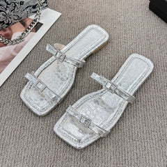 2024 New Summer Candy Leather Beach Shoes Woman Metal Decoration Women's Shoes Simple Slides Open Toe Low Heels Ladies Slippers