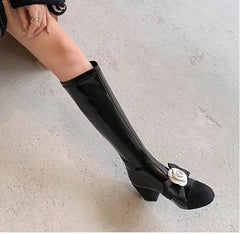 Flower Round Toe Knee High Boots Block Heels Mixed Color Patchwork Women Sexy Sweet Autumn Fashion Boots Casual Shoes