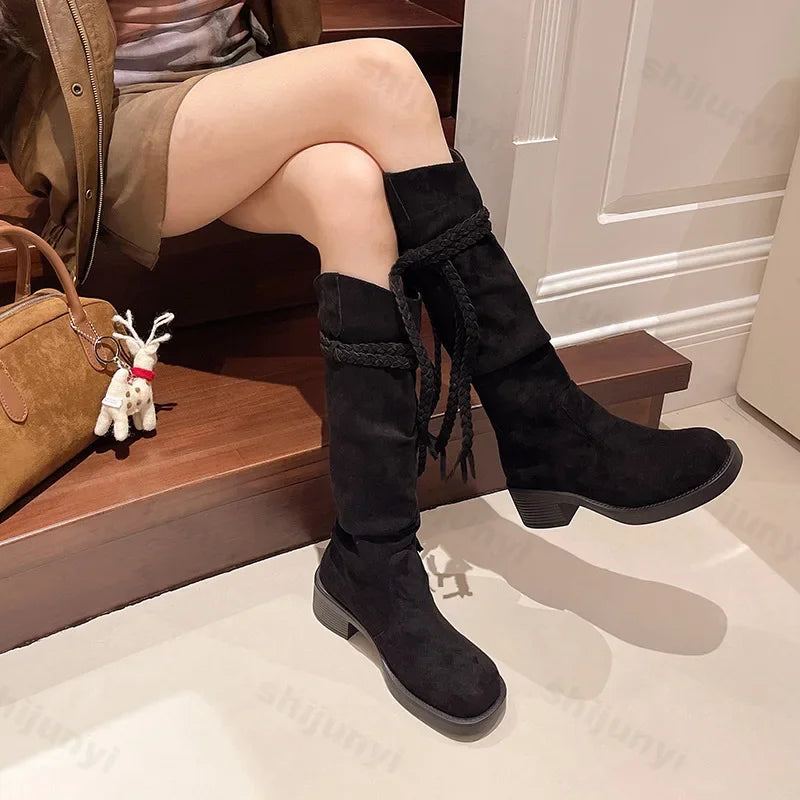 Women Suede Knee High Boots New Fashion Tassels Western Cowboy Boots Round Toe High Heels Shoes Roman Female Long Boots