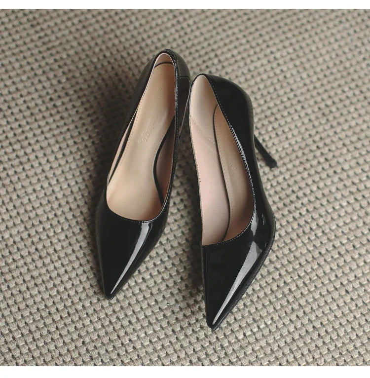 Autumn New Nude Lacquer Leather High Heels with Thin Heels Versatile Pointed Shallow Mouth Single Shoes
