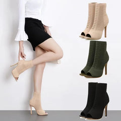 Ladies Ankle Boots Fashion Peep Toe Stretch Fabric Knitting Small Hole Hollow Out Breathable Dress Women High Heels Party Shoes