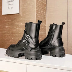 Fashion Soft Leather Mid-calf Biker Boots Women Winter New Metal Buckle Design Chunky Heel Ankle Boots Punk Style Platform Boots