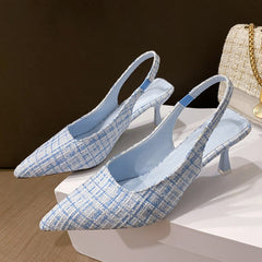 Brand Designer Slingbacks High Heels Pumps Women Blue Pointed Toe Party Shoes for Woman Summer Thin Heeled Sandals Ladies