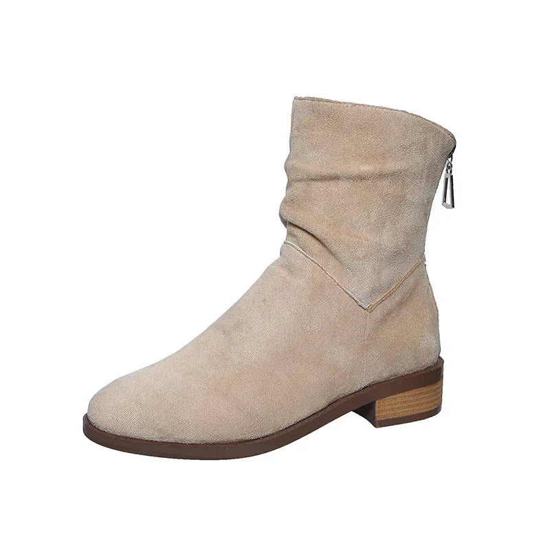 Autumn Womens Solid Pleated Ankle Boots Fashion Faux Suede Square Heel Boots Ladies Round Toe Back Zipper Office Shoes Boats