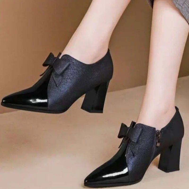 5cm Deep Mouth High Heels Women's Spring Autumn New Fashion Bow Versatile Elegant Pointed Thick Heel Single Shoes Women