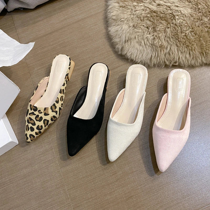 2024 Summer New Women's Fashion Slippers Pointy Leopard Print Design Light and Thin Low Heel Black Design Casual Shoes