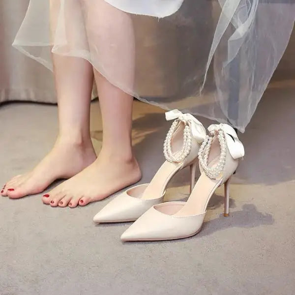 Beige Heeled Pump 2024 Women's Shoes Closed Toe Black High New Comfort Retro Block Pearl Clear Spring Girls Solid PU Pumps Co