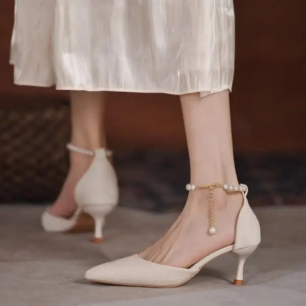 Beige Heeled Pump 2024 Women's Shoes Closed Toe Black High New Comfort Retro Block Pearl Clear Spring Girls Solid PU Pumps Co