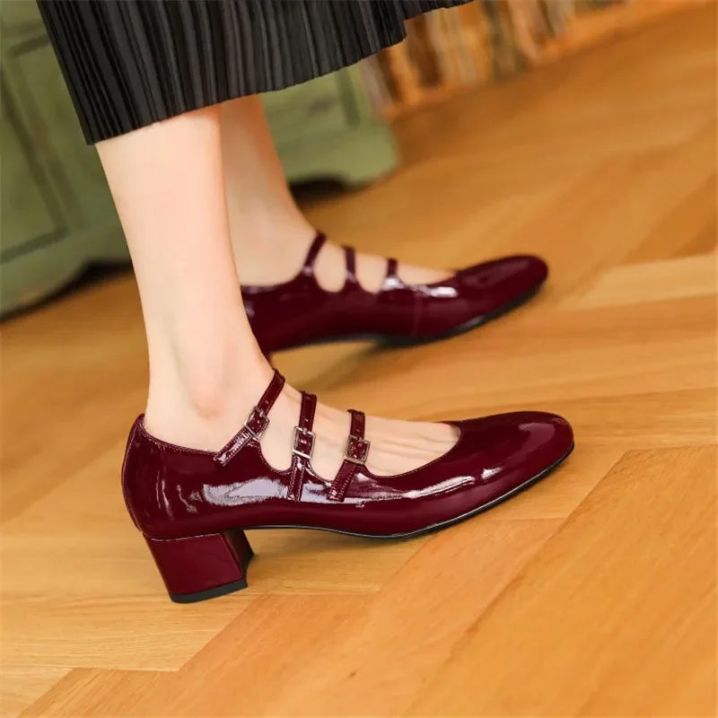 2024 Spring/summer Mary Jane Shoes Patent Leather Woman Shoe French Square Toe Thick Heel Shoes Women Buckle Strap Commute Pumps