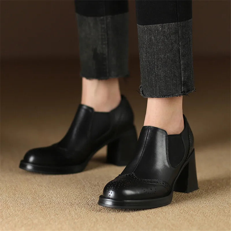 2024 New Spring Genuine Leather Women Shoes Round Toe Women Pumps Brogue Designs Shoes for Women High Heel Loafers Ladies Shoes