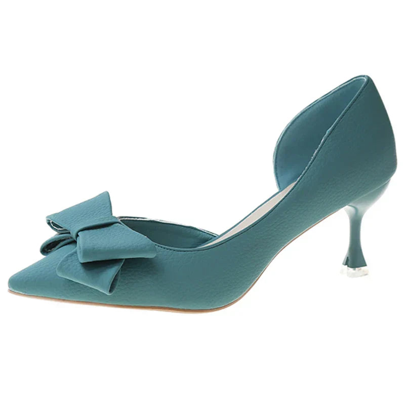 Blue Bowtie Thin Heeled Pumps Women Autumn PU Leather Slip on High Heels Shoes Woman Pointed Toe Party Shoes Mujer