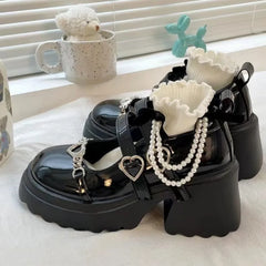 BACK TO SCHOOL 2024 Sweet Heart-Shaped Buckle Lolita Shoes Women Patent Leather Platform Mary Janes Woman Metal Decoration Chunky Heels Pumps