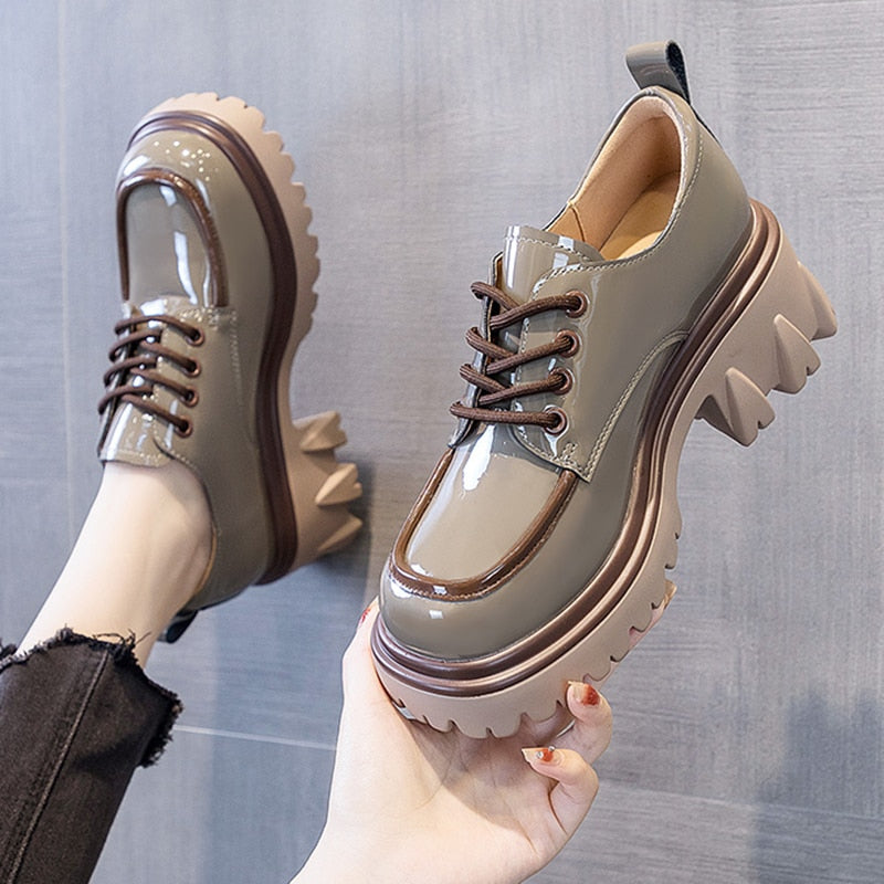British Style Chunky Platform Pumps Women Spring Lace Up Thick Heels Loafers Woman Round Toe Patent Leather Shoes