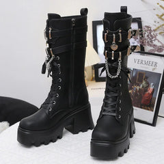 Fashion Leather Gothic Boots Women Luxury Brand Buckle Chain High Heels Long Boots Autumn Ladies Motorcycle Boots Botas Mujer