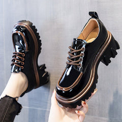 British Style Chunky Platform Pumps Women Spring Lace Up Thick Heels Loafers Woman Round Toe Patent Leather Shoes