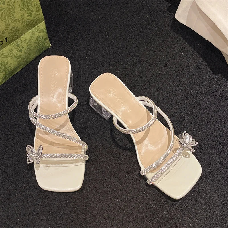 New Woman Sneaker Slippers Women Slides Mules Casual Square Mid Heels Women Shoes Crystal Bling Slippers Plus Size Zapatos Mujer