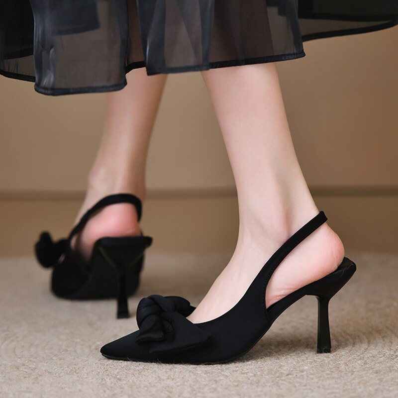 Bowtie Slingbacks High Heels Pumps Women Summer Elegant Pointed Toe Party Shoes Woman Solid Thin Heeled Mules Sandals Mujer